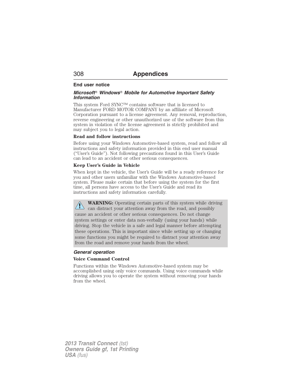 End user notice, General operation, 308 appendices | FORD 2013 Transit Connect v.1 User Manual | Page 309 / 317