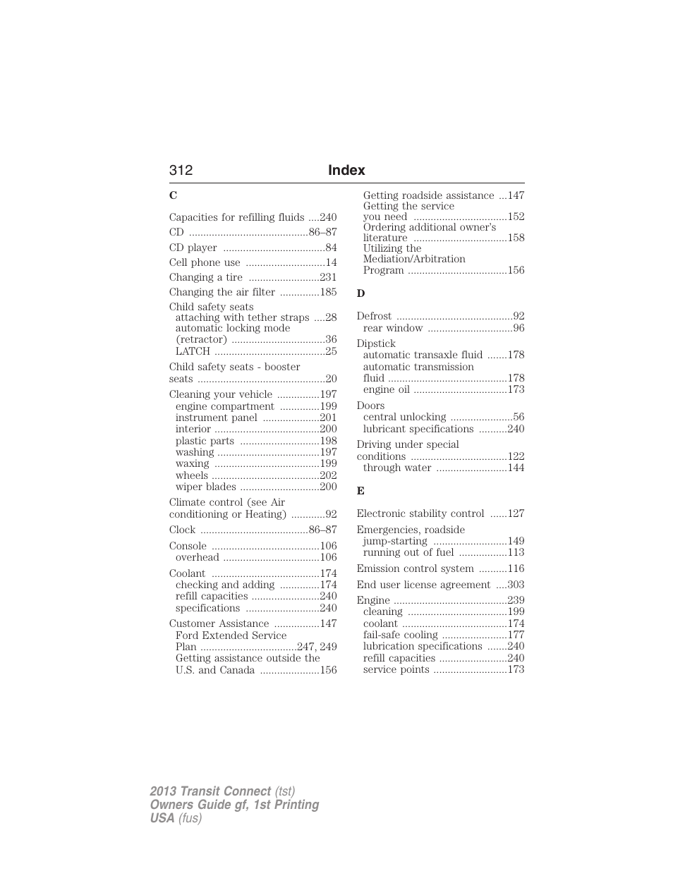 312 index | FORD 2013 Transit Connect v.1 User Manual | Page 313 / 317