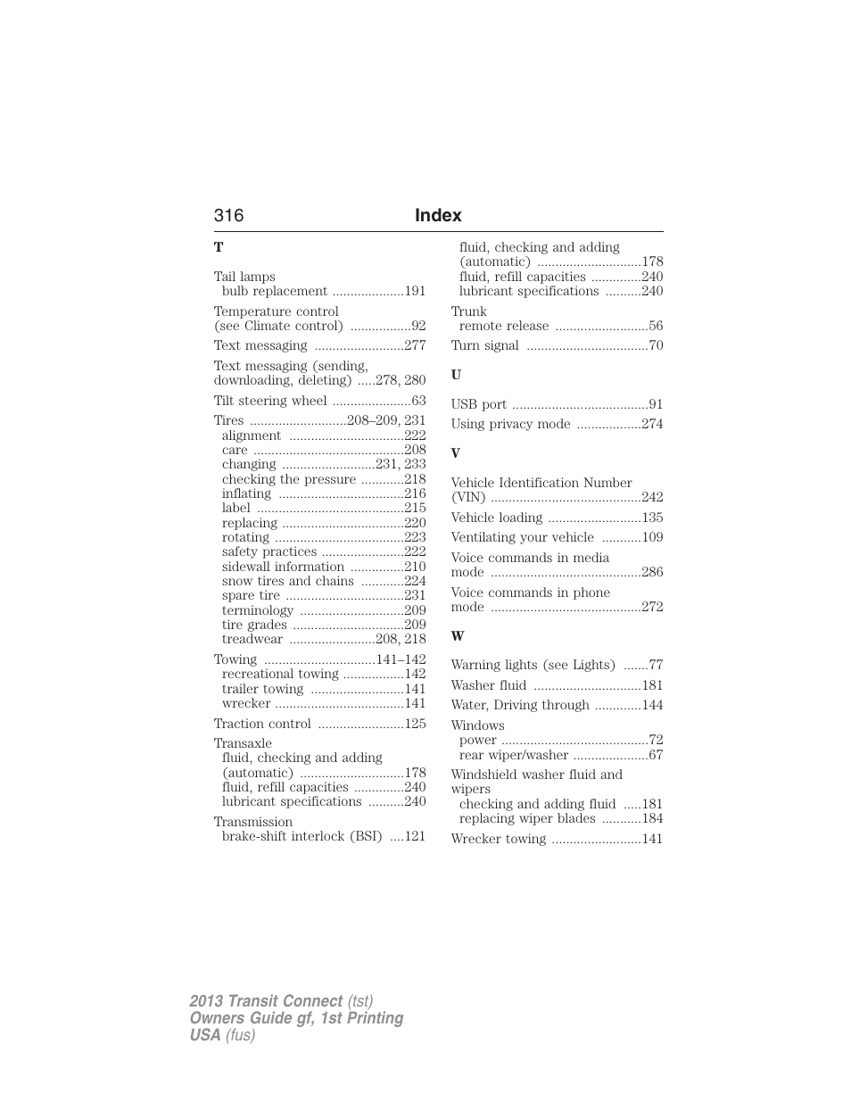 316 index | FORD 2013 Transit Connect v.1 User Manual | Page 317 / 317