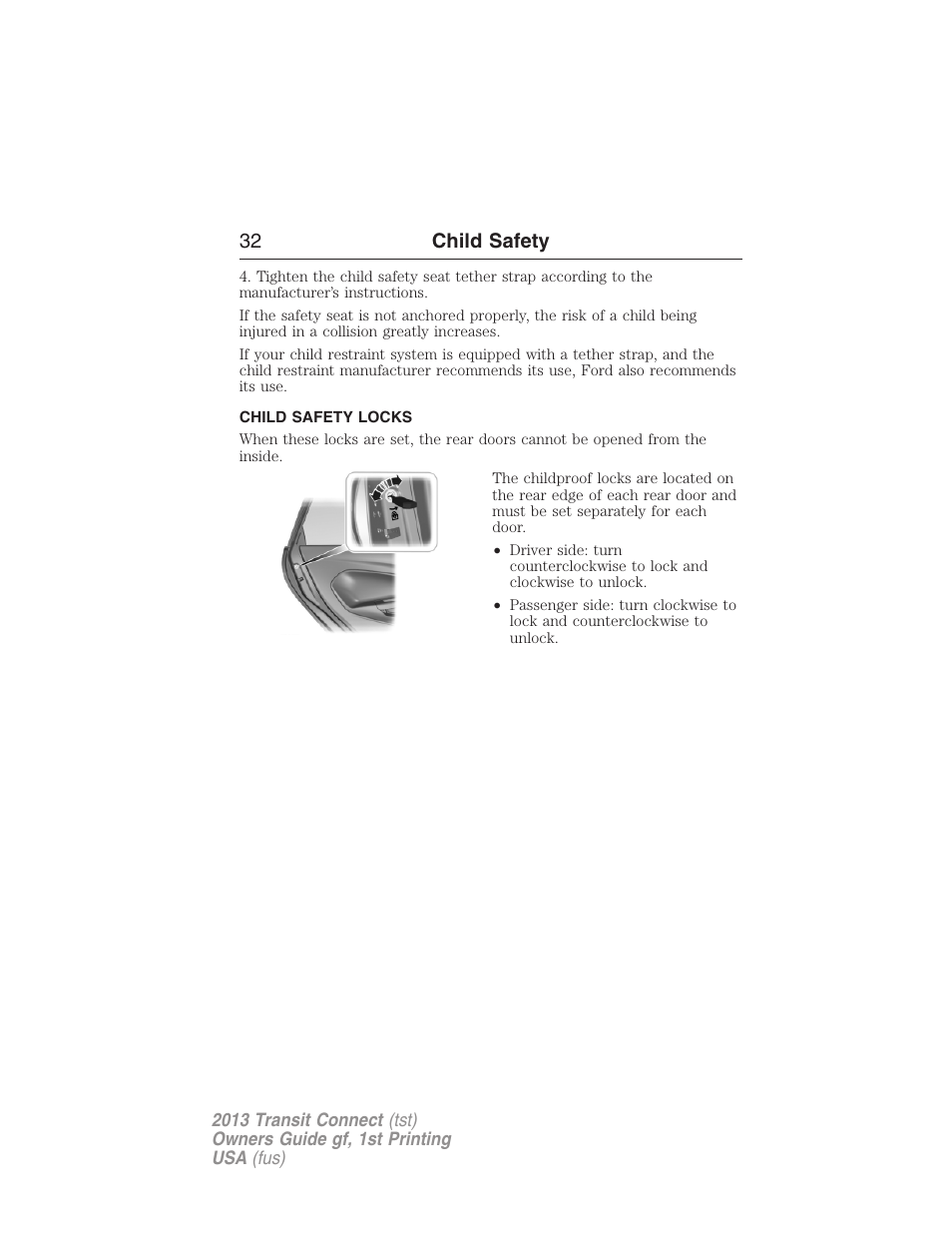 Child safety locks, 32 child safety | FORD 2013 Transit Connect v.1 User Manual | Page 33 / 317