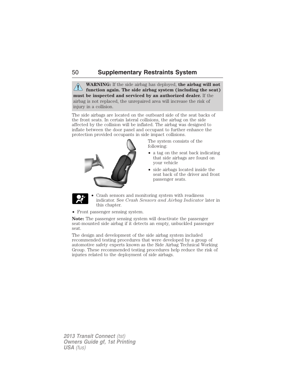 50 supplementary restraints system | FORD 2013 Transit Connect v.1 User Manual | Page 51 / 317