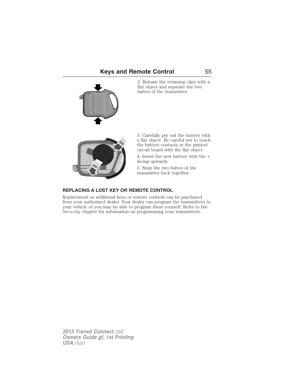 Replacing a lost key or remote control, Keys and remote control 55 | FORD 2013 Transit Connect v.1 User Manual | Page 56 / 317