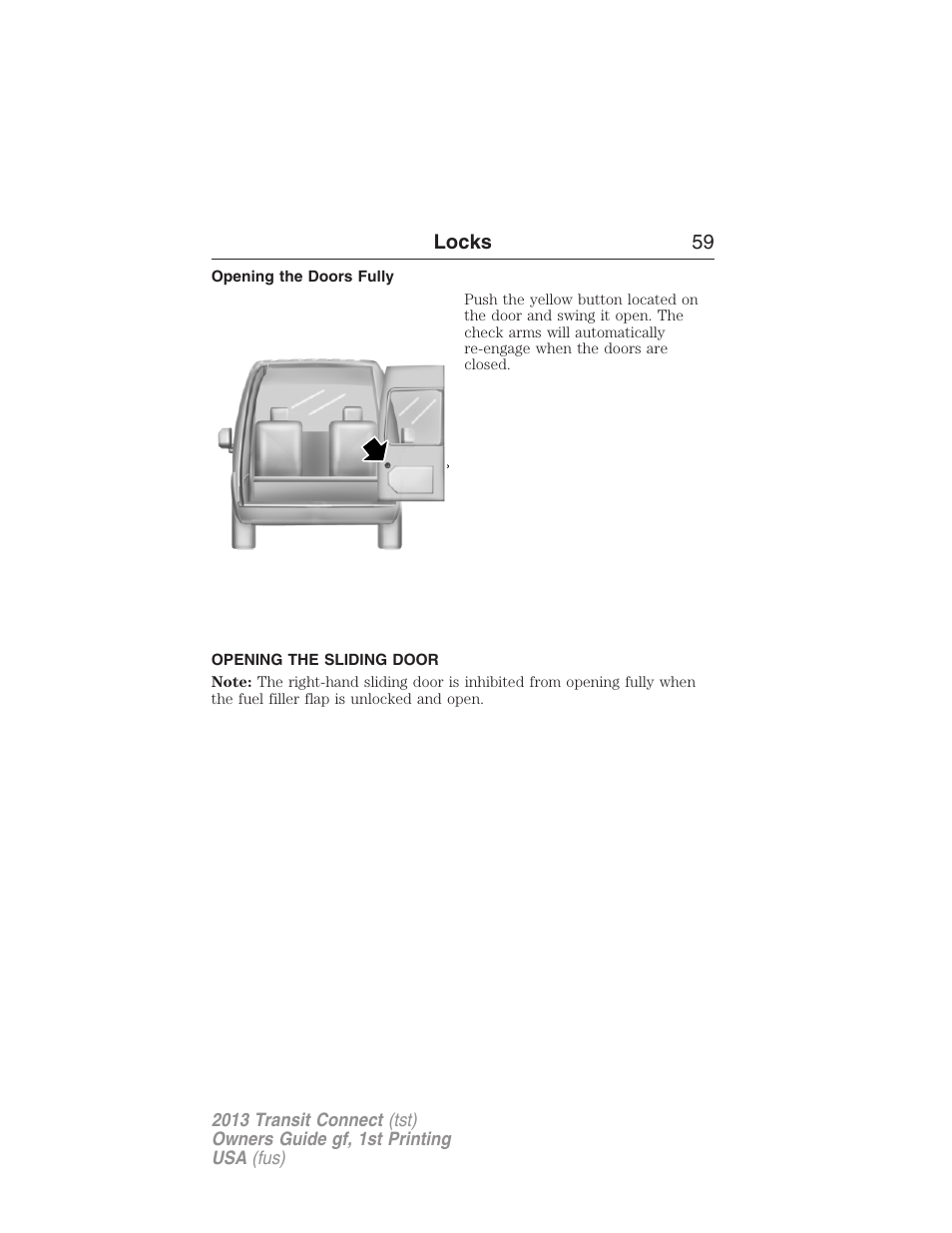 Opening the doors fully, Opening the sliding door | FORD 2013 Transit Connect v.1 User Manual | Page 60 / 317