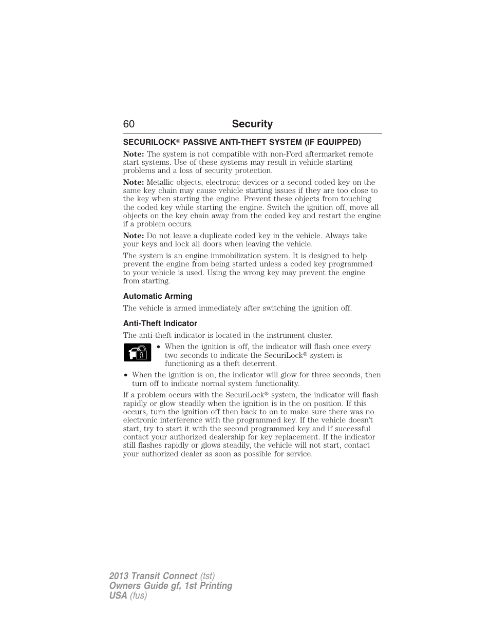 Security, Automatic arming, Anti-theft indicator | Securilock, Passive anti-theft system, 60 security | FORD 2013 Transit Connect v.1 User Manual | Page 61 / 317