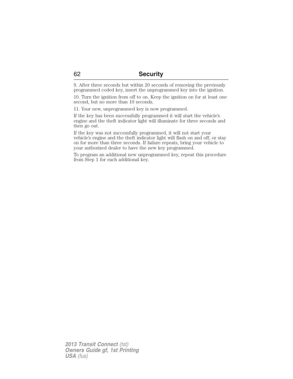 62 security | FORD 2013 Transit Connect v.1 User Manual | Page 63 / 317