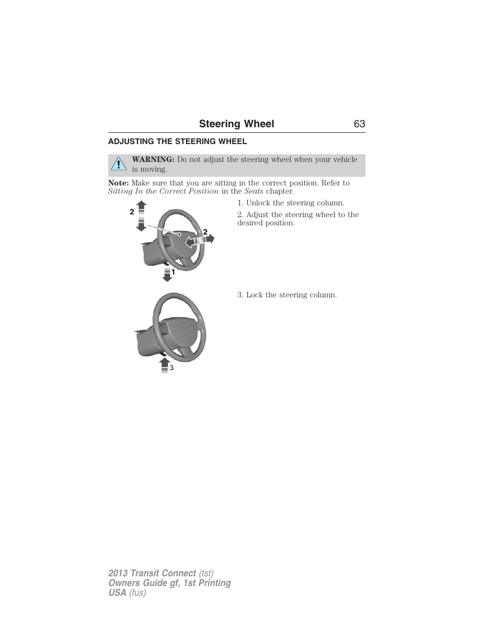 Steering wheel, Adjusting the steering wheel, Steering wheel 63 | FORD 2013 Transit Connect v.1 User Manual | Page 64 / 317