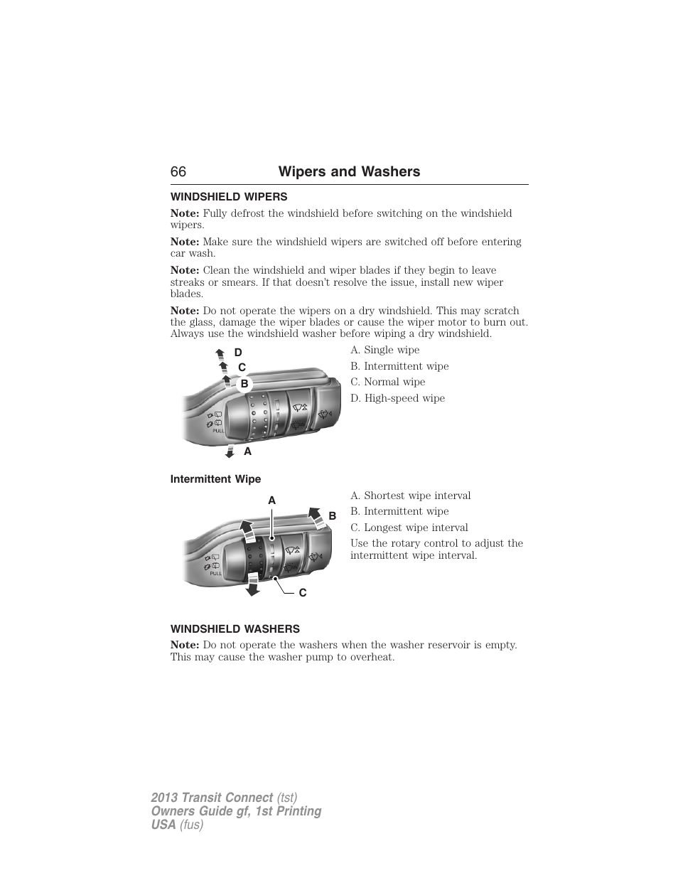 Wipers and washers, Windshield wipers, Intermittent wipe | Windshield washers, 66 wipers and washers | FORD 2013 Transit Connect v.1 User Manual | Page 67 / 317