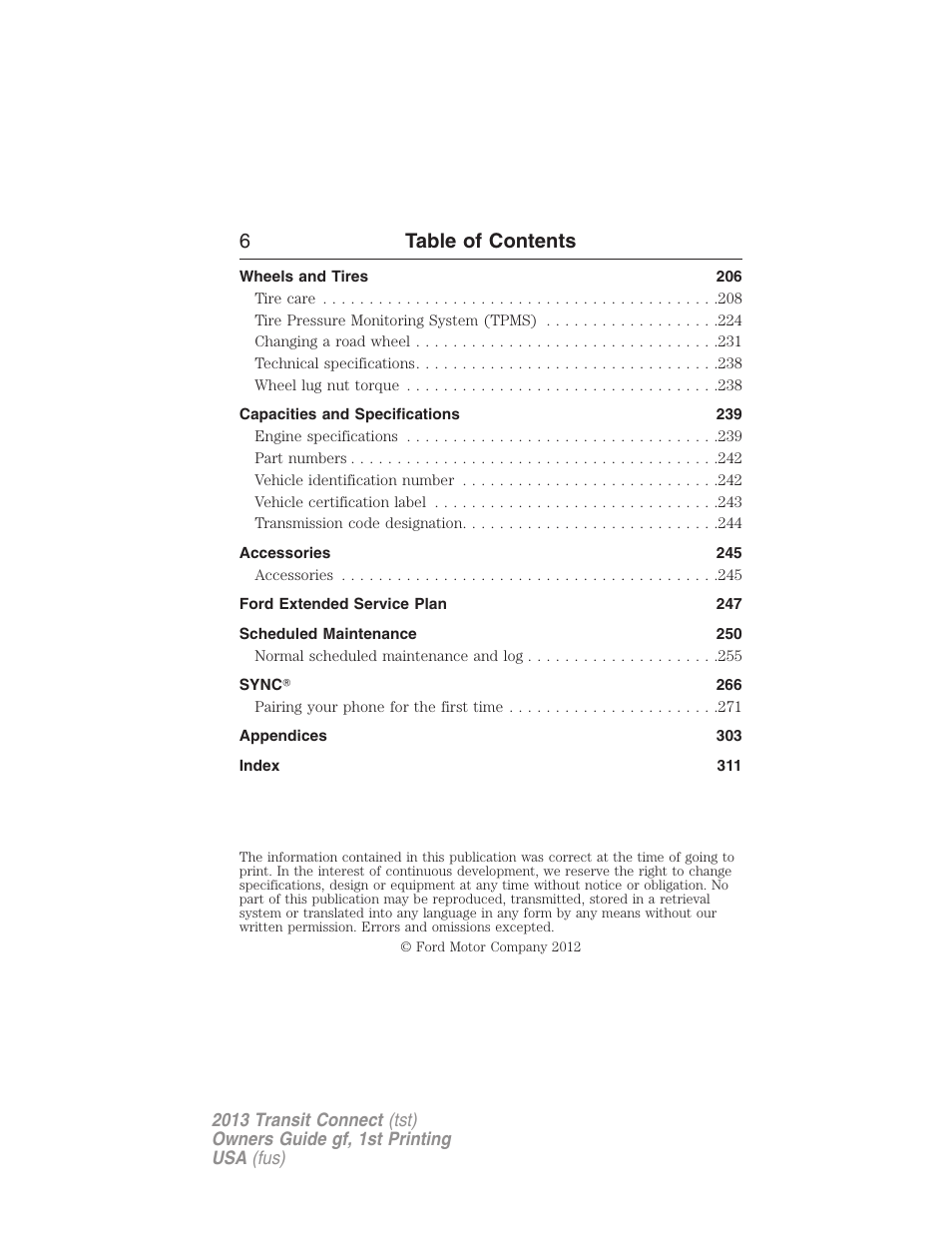 6table of contents | FORD 2013 Transit Connect v.1 User Manual | Page 7 / 317