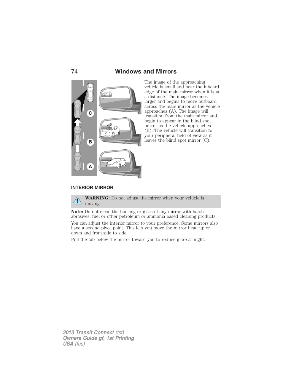 Interior mirror, Interior mirrors, 74 windows and mirrors | FORD 2013 Transit Connect v.1 User Manual | Page 75 / 317