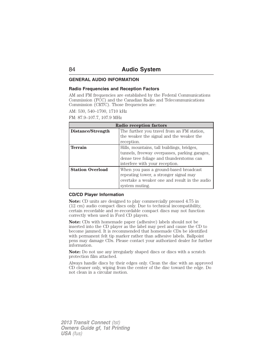 Audio system, General audio information, Radio frequencies and reception factors | Cd/cd player information, 84 audio system | FORD 2013 Transit Connect v.1 User Manual | Page 85 / 317