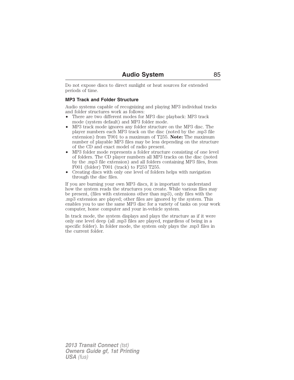 Mp3 track and folder structure, Audio system 85 | FORD 2013 Transit Connect v.1 User Manual | Page 86 / 317