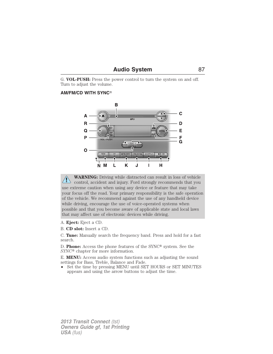 Am/fm/cd with sync, Audio system 87 | FORD 2013 Transit Connect v.1 User Manual | Page 88 / 317