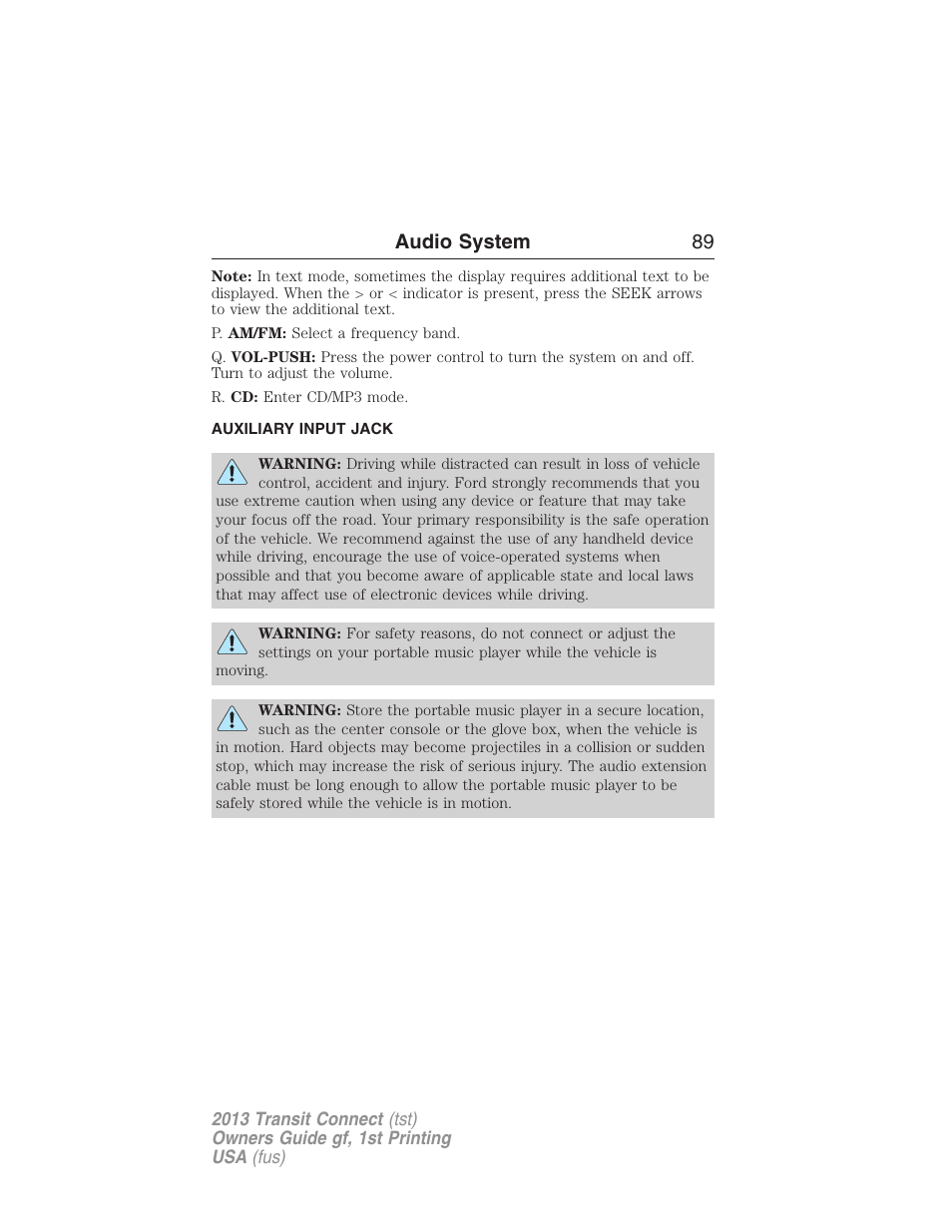 Auxiliary input jack, Audio system 89 | FORD 2013 Transit Connect v.1 User Manual | Page 90 / 317