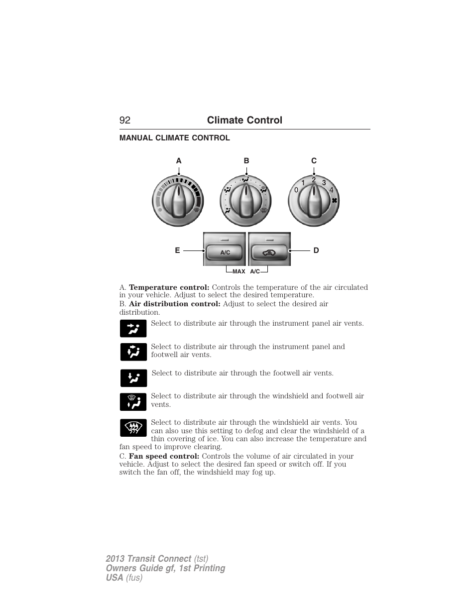 Climate control, Manual climate control, Manual heating and air conditioning | 92 climate control | FORD 2013 Transit Connect v.1 User Manual | Page 93 / 317