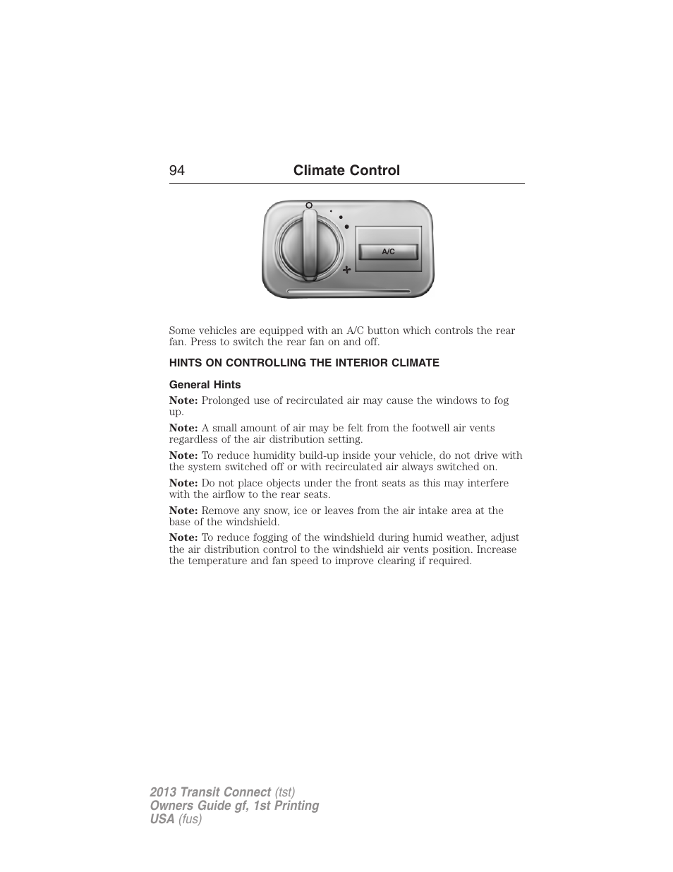 Hints on controlling the interior climate, General hints, 94 climate control | FORD 2013 Transit Connect v.1 User Manual | Page 95 / 317