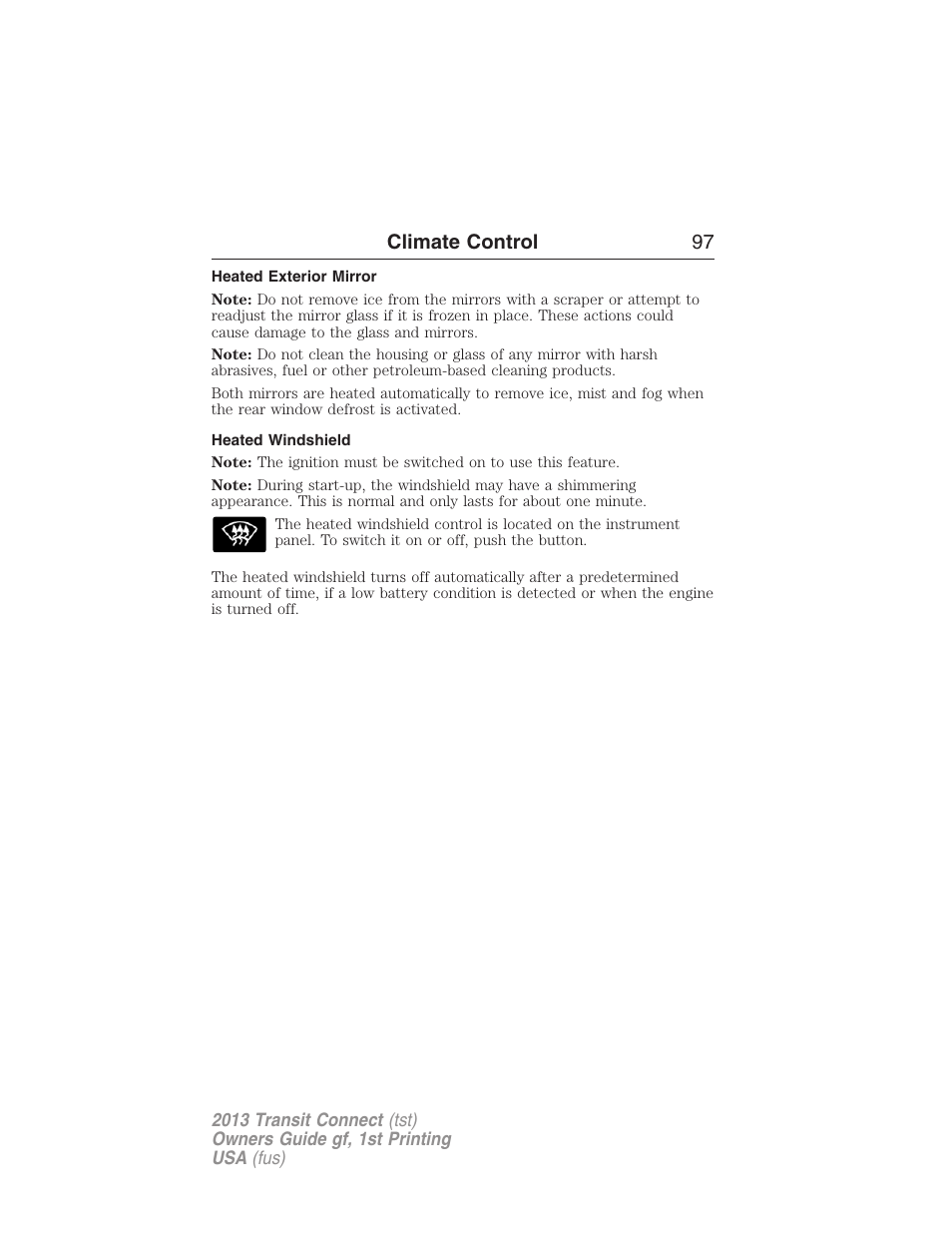 Heated exterior mirror, Heated windshield, Climate control 97 | FORD 2013 Transit Connect v.1 User Manual | Page 98 / 317