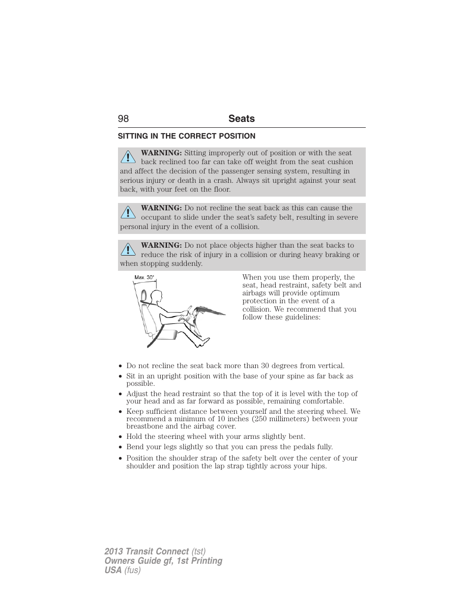 Seats, Sitting in the correct position, 98 seats | FORD 2013 Transit Connect v.1 User Manual | Page 99 / 317