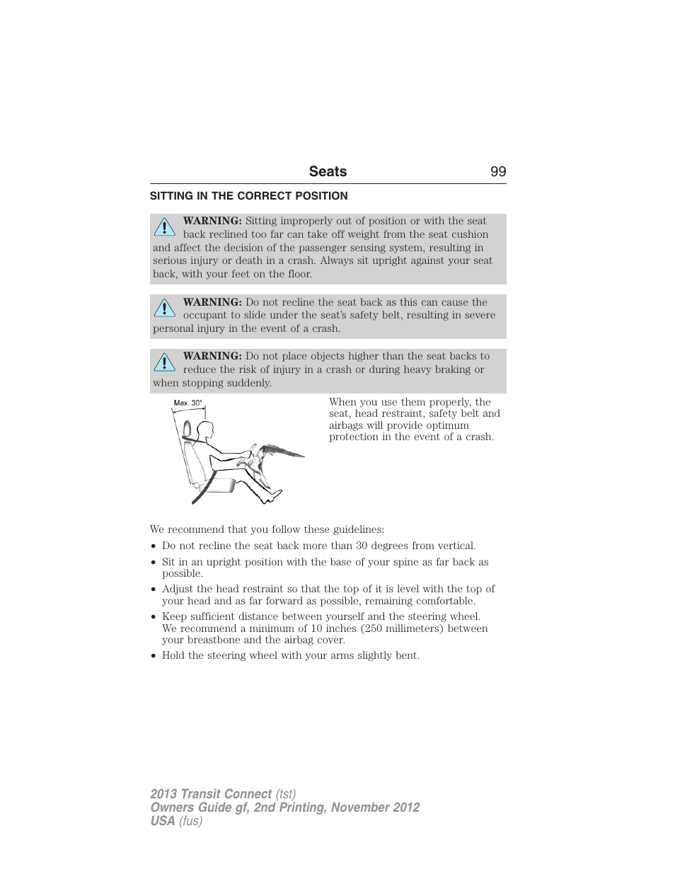 Seats, Sitting in the correct position, Seats 99 | FORD 2013 Transit Connect v.2 User Manual | Page 100 / 321