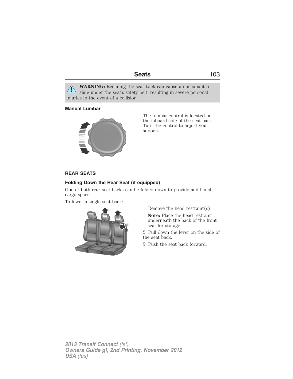 Manual lumbar, Rear seats, Folding down the rear seat (if equipped) | Seats 103 | FORD 2013 Transit Connect v.2 User Manual | Page 104 / 321