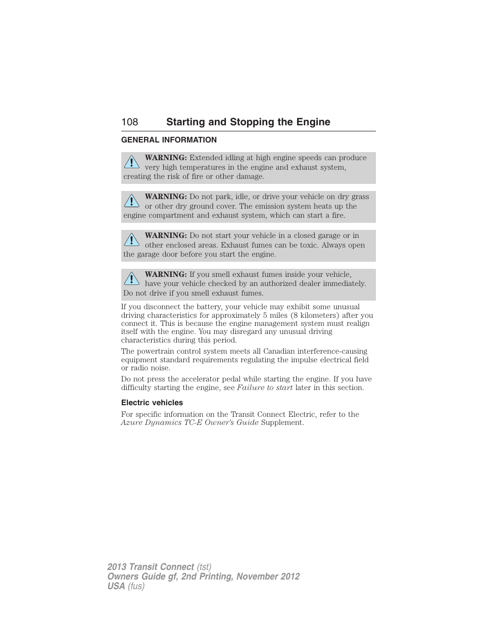 Starting and stopping the engine, General information, Electric vehicles | 108 starting and stopping the engine | FORD 2013 Transit Connect v.2 User Manual | Page 109 / 321