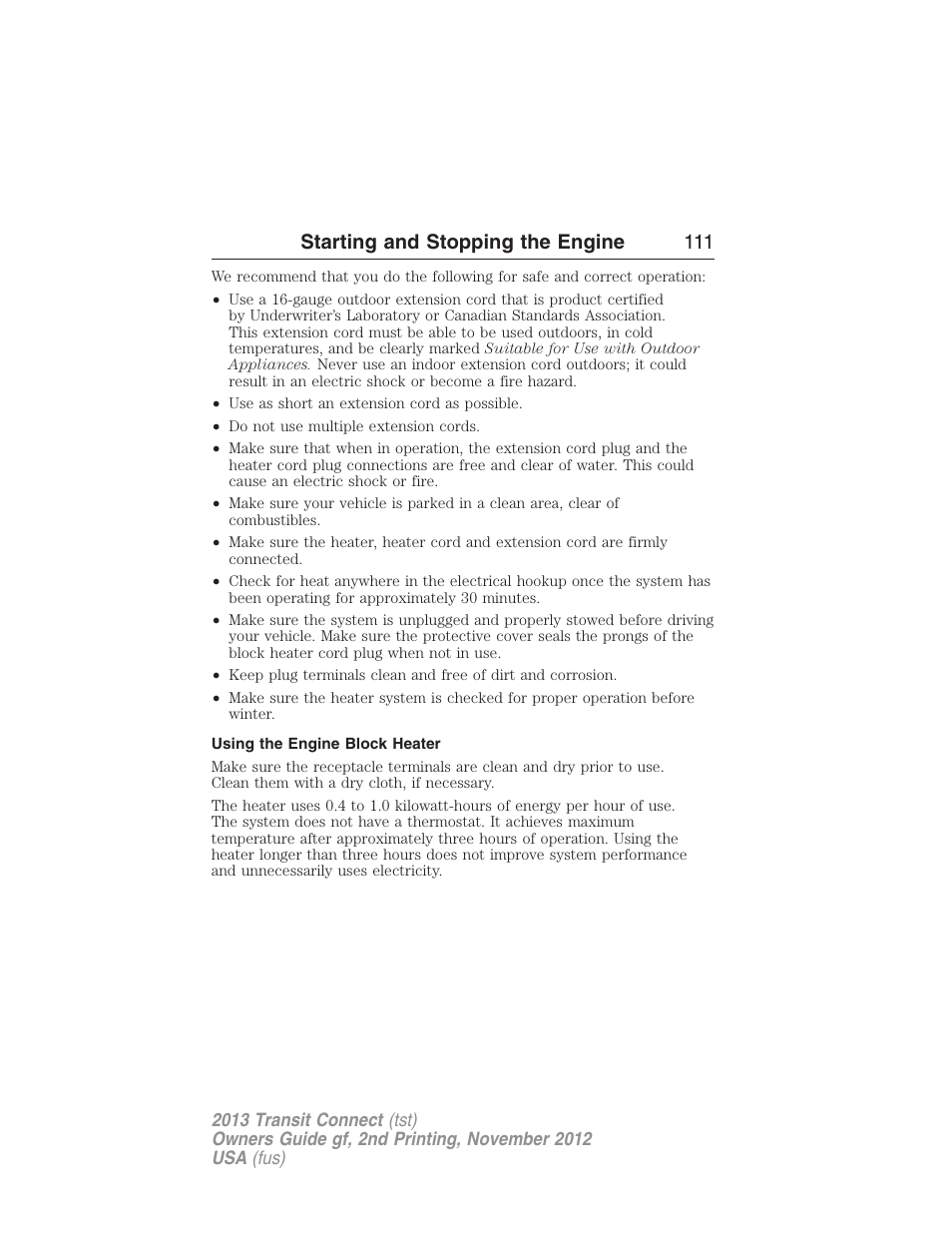 Using the engine block heater, Starting and stopping the engine 111 | FORD 2013 Transit Connect v.2 User Manual | Page 112 / 321