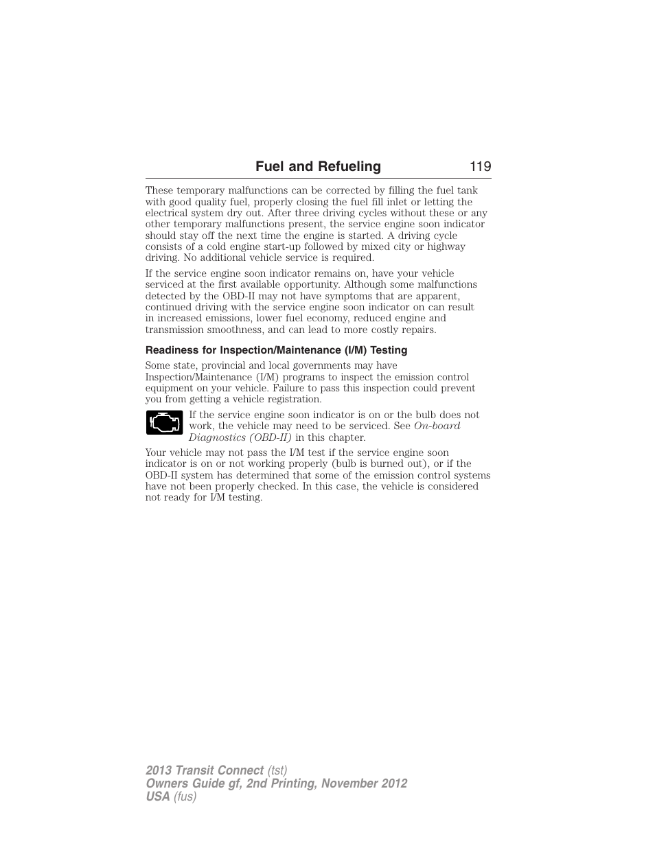 Readiness for inspection/maintenance (i/m) testing, Fuel and refueling 119 | FORD 2013 Transit Connect v.2 User Manual | Page 120 / 321