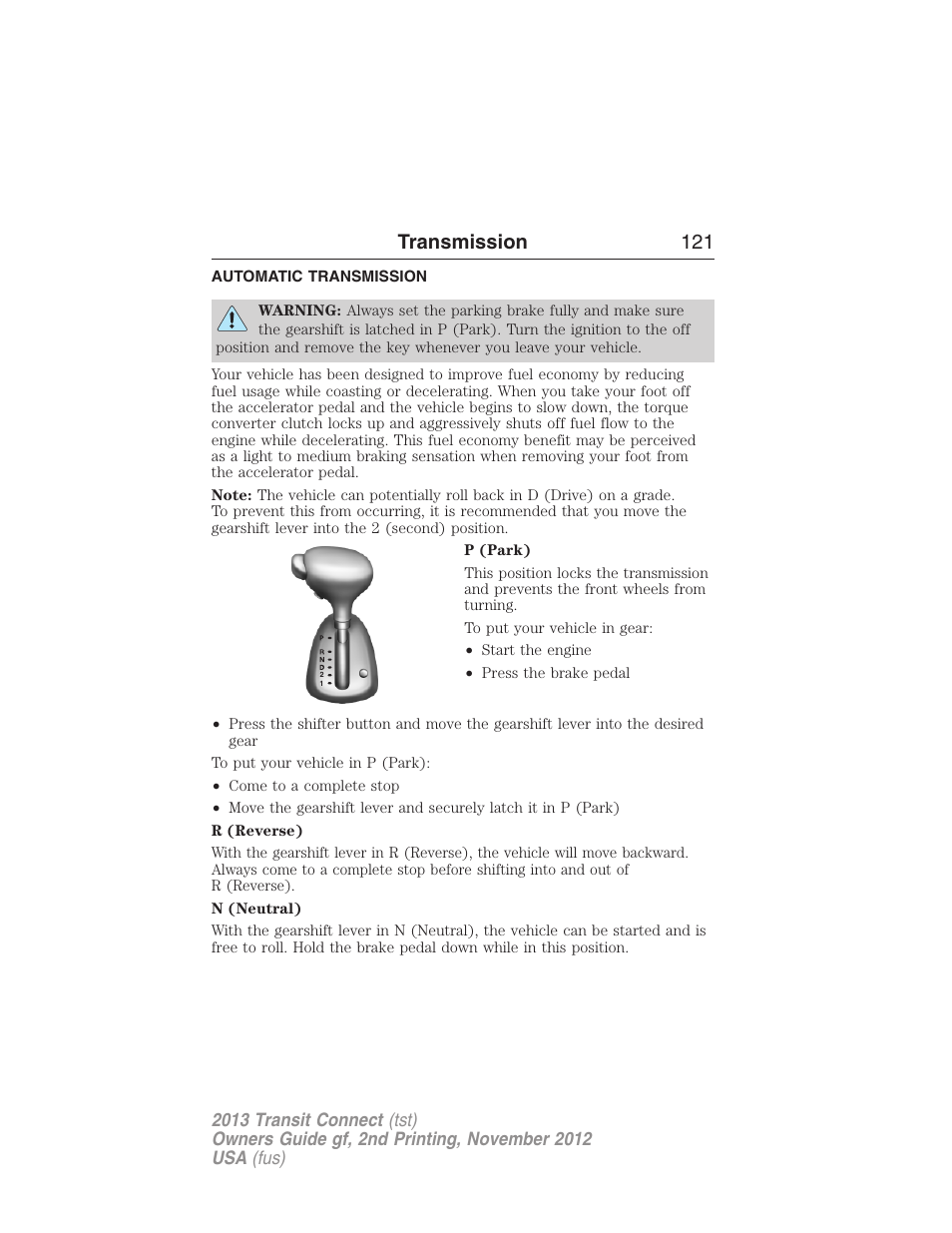 Transmission, Automatic transmission, Transmission 121 | FORD 2013 Transit Connect v.2 User Manual | Page 122 / 321
