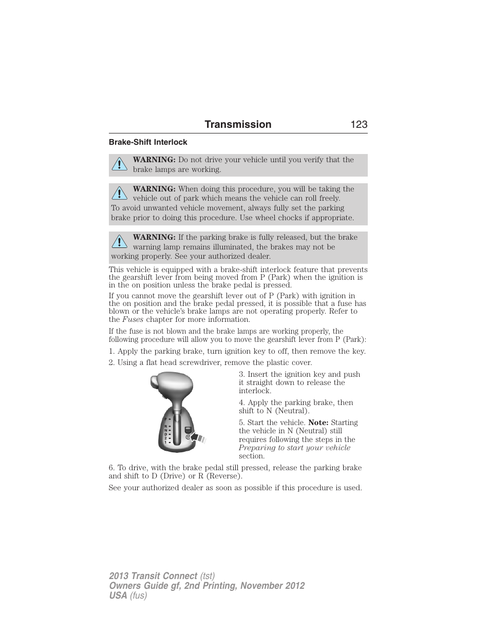 Brake-shift interlock, Transmission 123 | FORD 2013 Transit Connect v.2 User Manual | Page 124 / 321