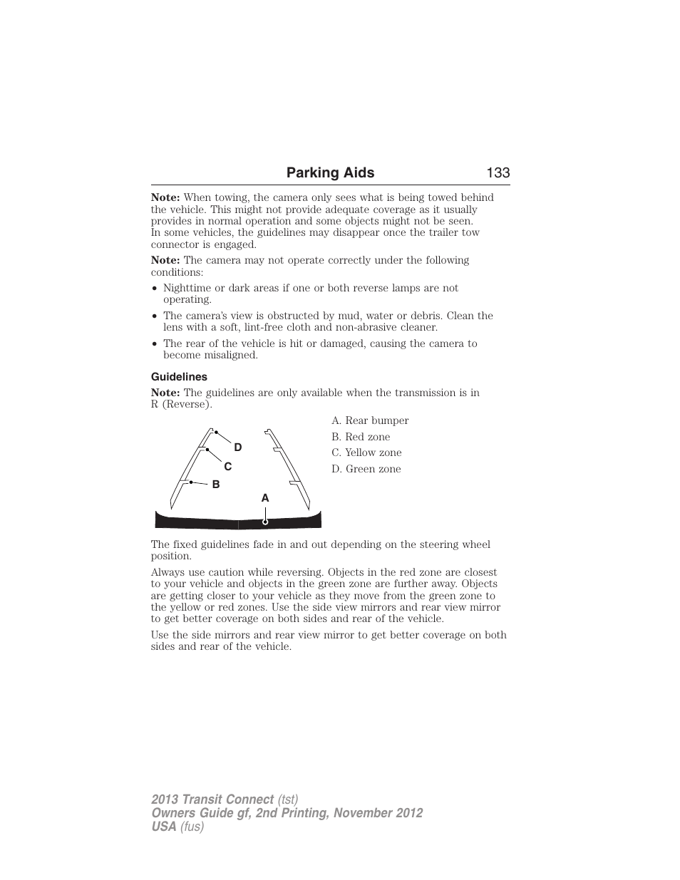 Guidelines, Parking aids 133 | FORD 2013 Transit Connect v.2 User Manual | Page 134 / 321