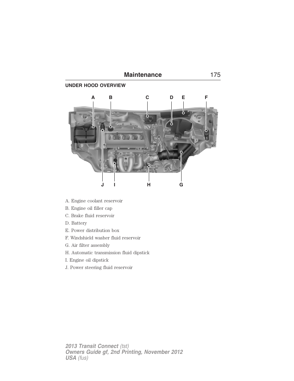 Under hood overview, Maintenance 175 | FORD 2013 Transit Connect v.2 User Manual | Page 176 / 321