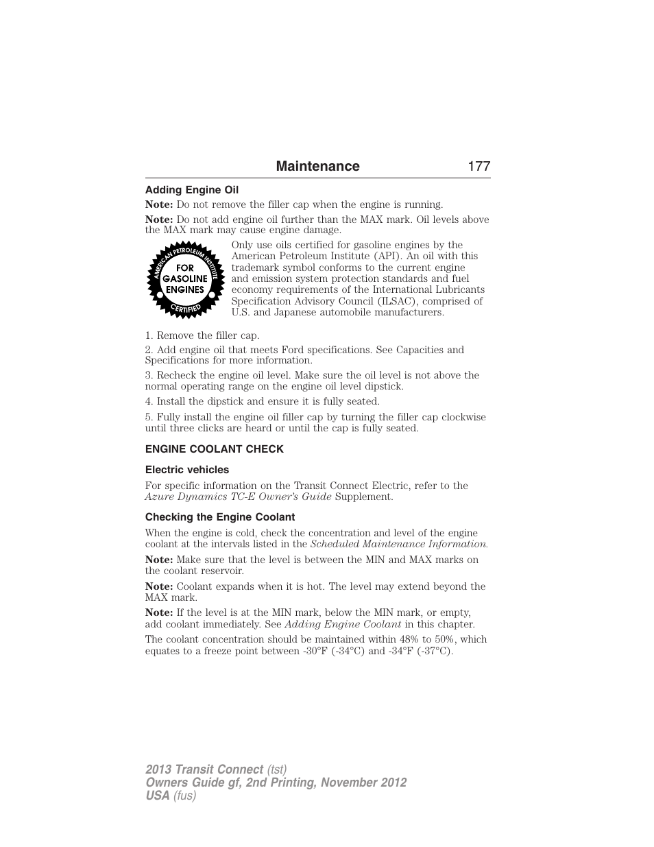 Adding engine oil, Engine coolant check, Electric vehicles | Checking the engine coolant, Maintenance 177 | FORD 2013 Transit Connect v.2 User Manual | Page 178 / 321