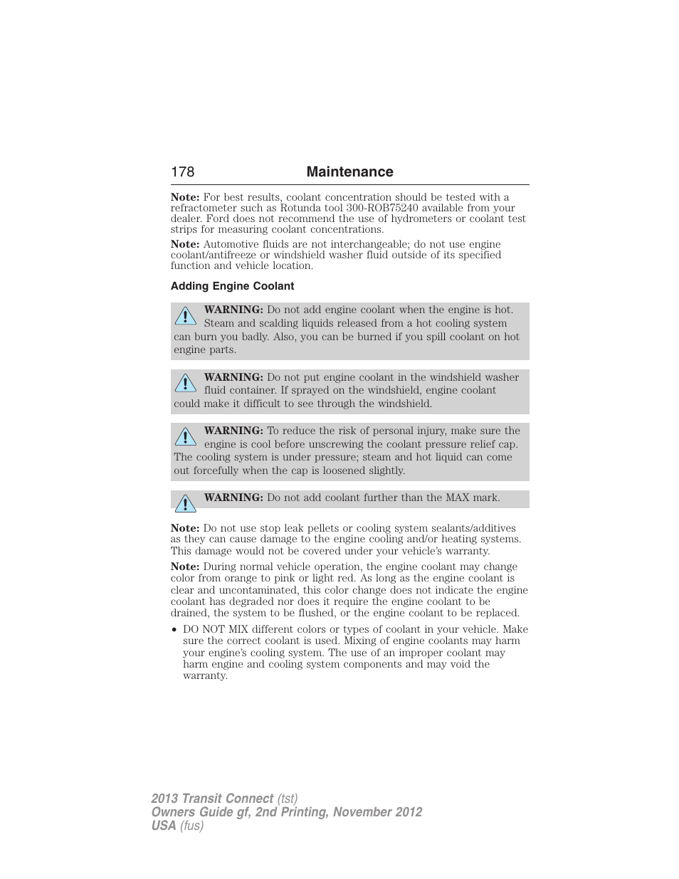 Adding engine coolant, 178 maintenance | FORD 2013 Transit Connect v.2 User Manual | Page 179 / 321