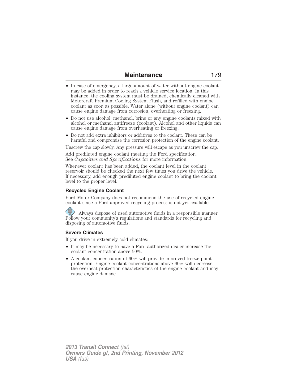 Recycled engine coolant, Severe climates, Maintenance 179 | FORD 2013 Transit Connect v.2 User Manual | Page 180 / 321