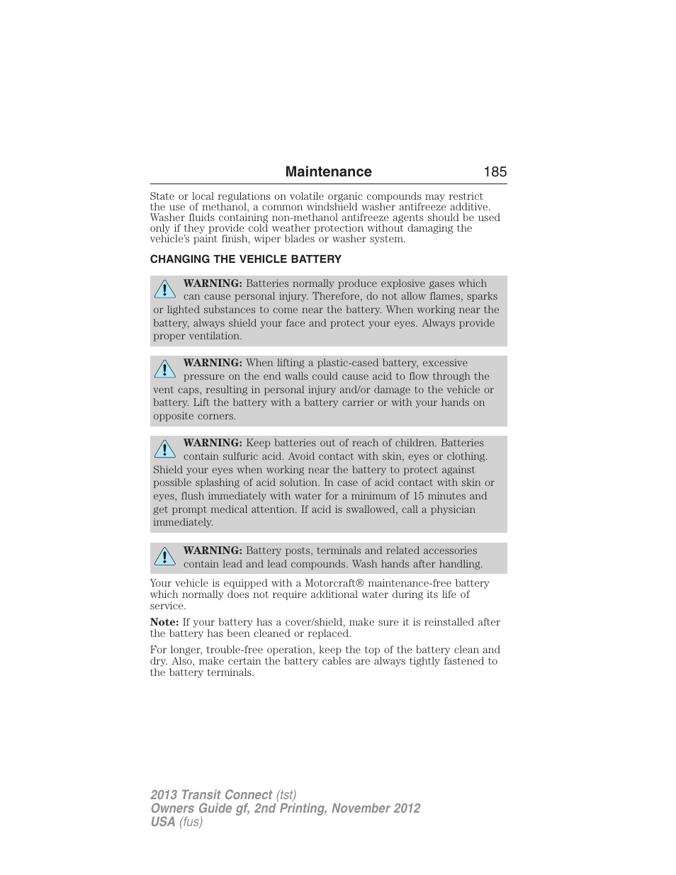 Changing the vehicle battery, Maintenance 185 | FORD 2013 Transit Connect v.2 User Manual | Page 186 / 321