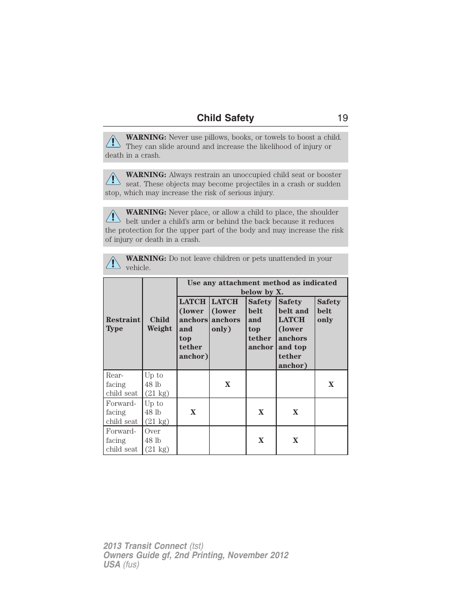 Child safety 19 | FORD 2013 Transit Connect v.2 User Manual | Page 20 / 321