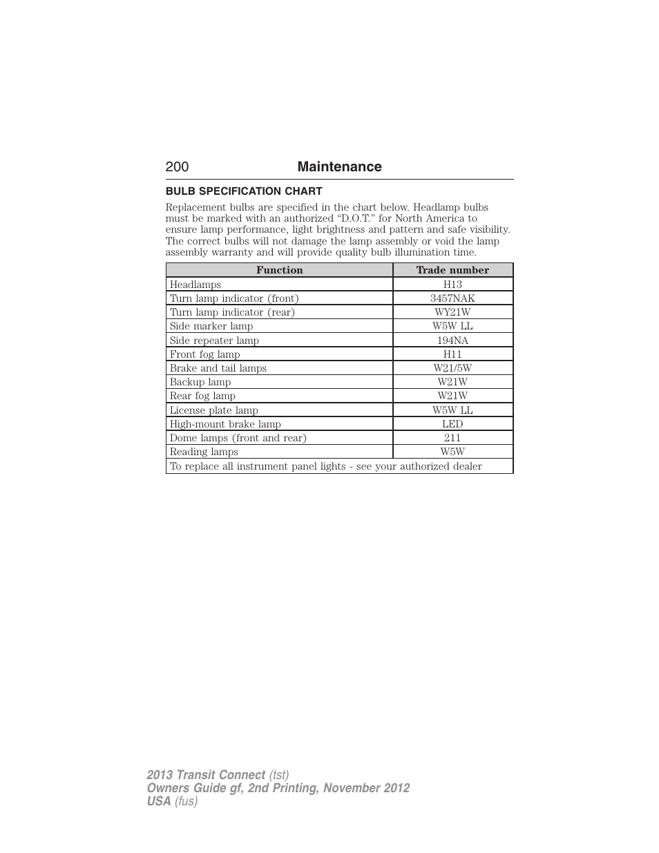 Bulb specification chart, 200 maintenance | FORD 2013 Transit Connect v.2 User Manual | Page 201 / 321