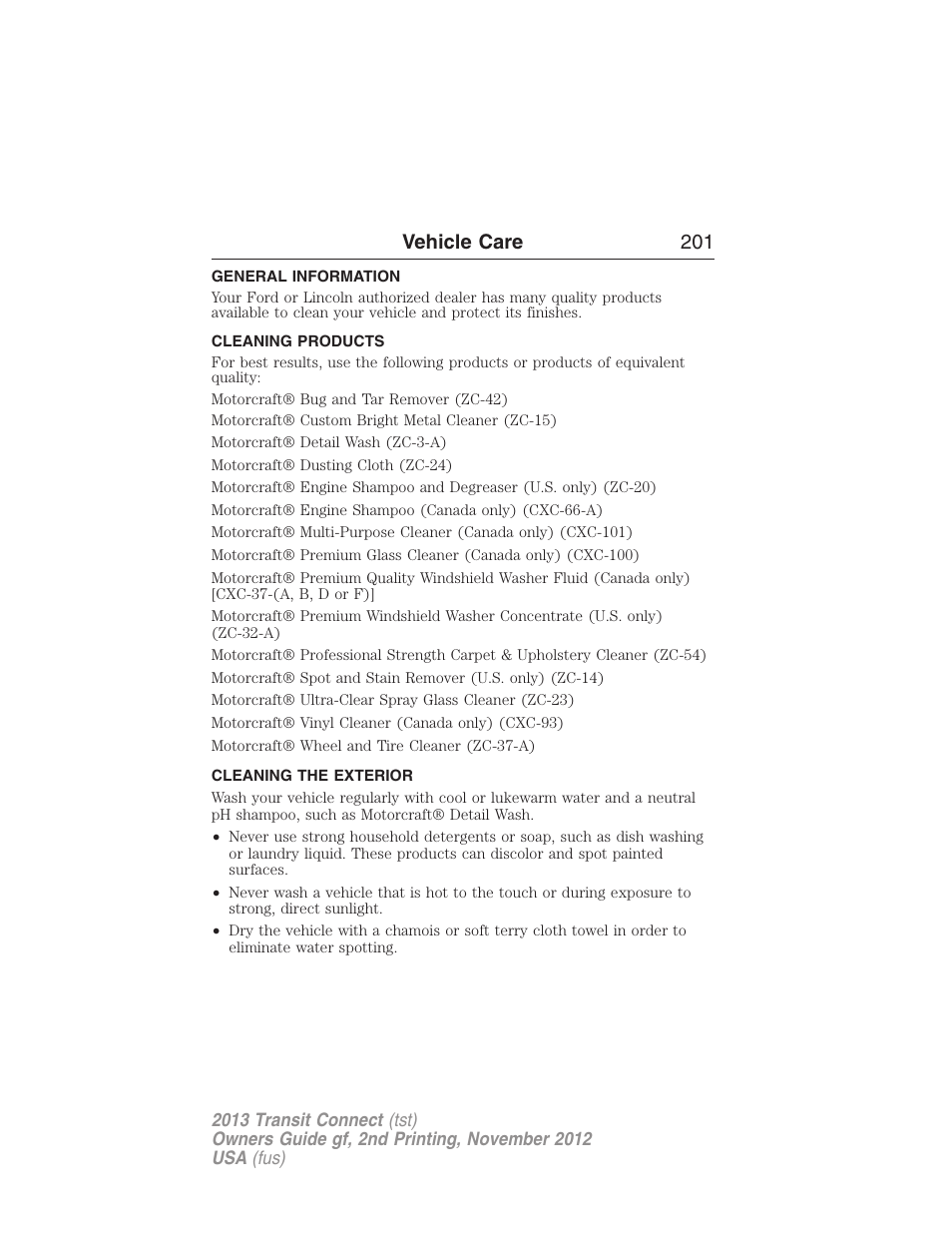 Vehicle care, General information, Cleaning products | Cleaning the exterior, Vehicle care 201 | FORD 2013 Transit Connect v.2 User Manual | Page 202 / 321