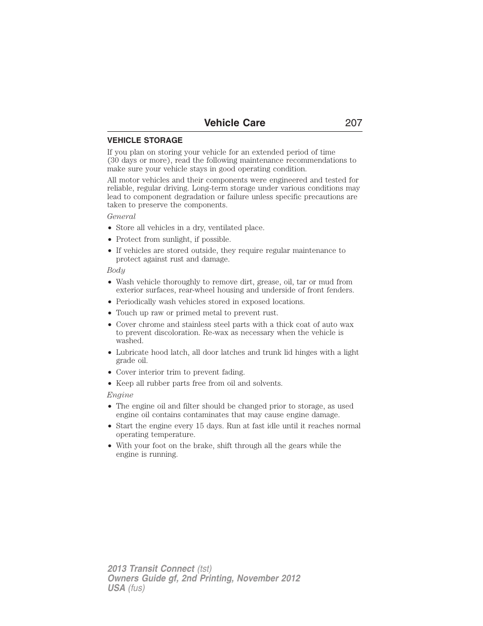 Vehicle storage, Vehicle care 207 | FORD 2013 Transit Connect v.2 User Manual | Page 208 / 321