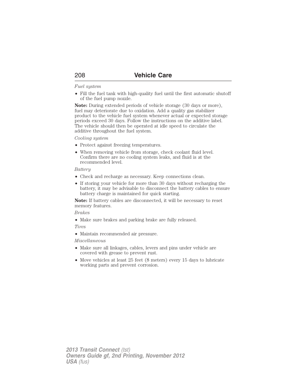 208 vehicle care | FORD 2013 Transit Connect v.2 User Manual | Page 209 / 321