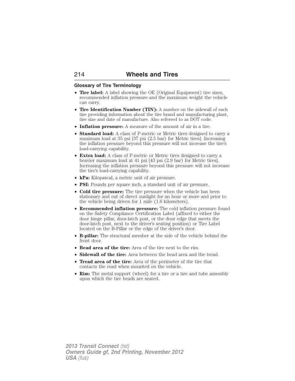 Glossary of tire terminology, 214 wheels and tires | FORD 2013 Transit Connect v.2 User Manual | Page 215 / 321
