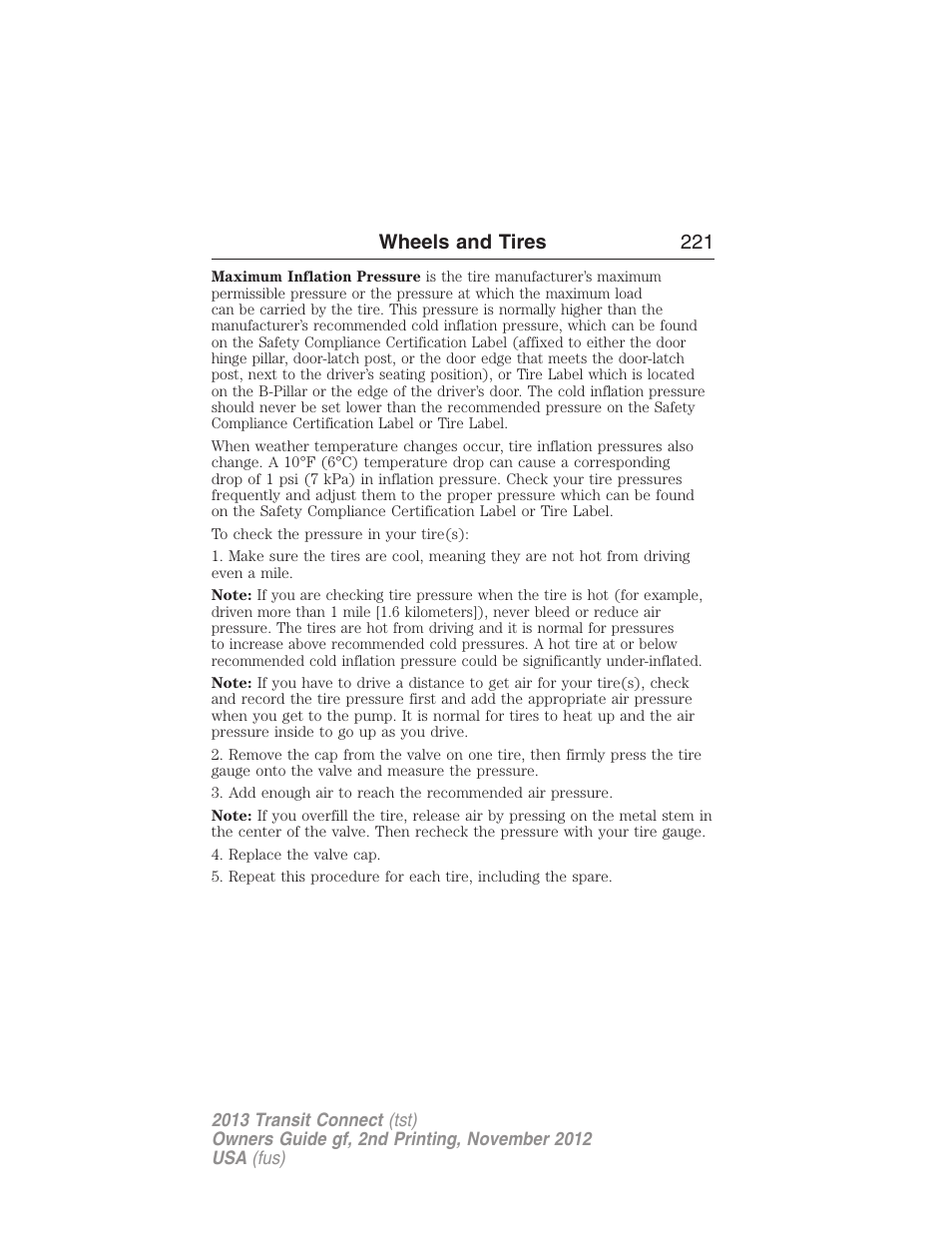 Wheels and tires 221 | FORD 2013 Transit Connect v.2 User Manual | Page 222 / 321