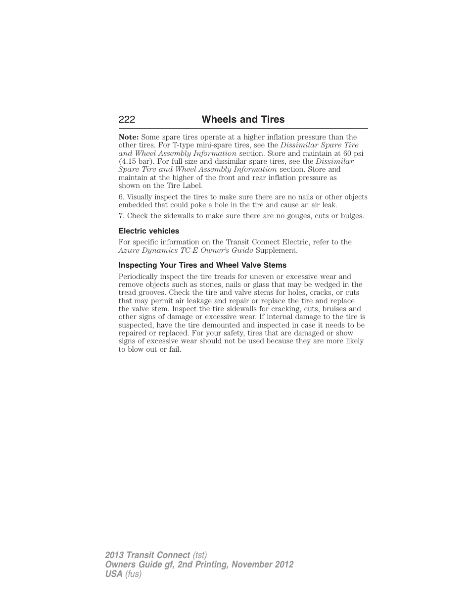 Electric vehicles, Inspecting your tires and wheel valve stems, 222 wheels and tires | FORD 2013 Transit Connect v.2 User Manual | Page 223 / 321