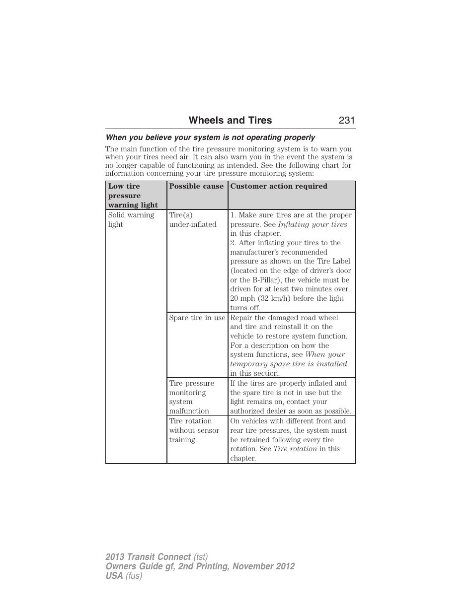 Wheels and tires 231 | FORD 2013 Transit Connect v.2 User Manual | Page 232 / 321