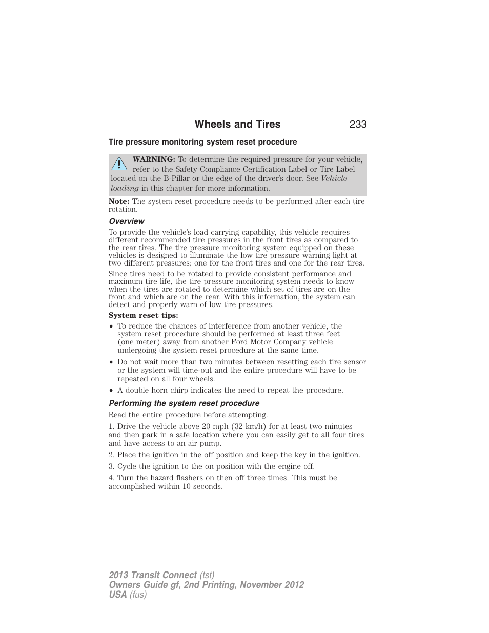 Tire pressure monitoring system reset procedure, Overview, Performing the system reset procedure | Wheels and tires 233 | FORD 2013 Transit Connect v.2 User Manual | Page 234 / 321