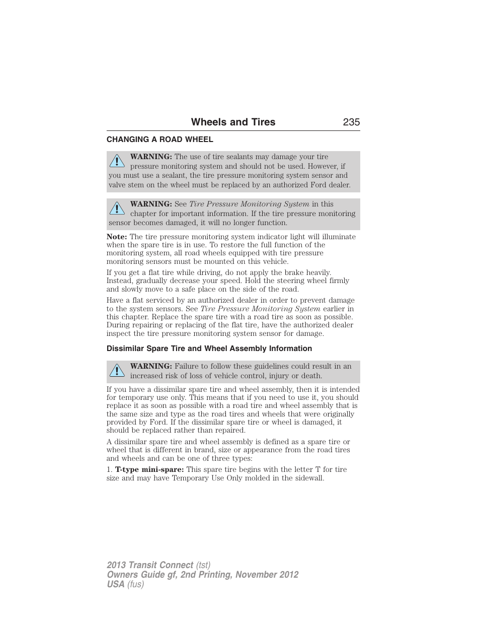 Changing a road wheel, Wheels and tires 235 | FORD 2013 Transit Connect v.2 User Manual | Page 236 / 321