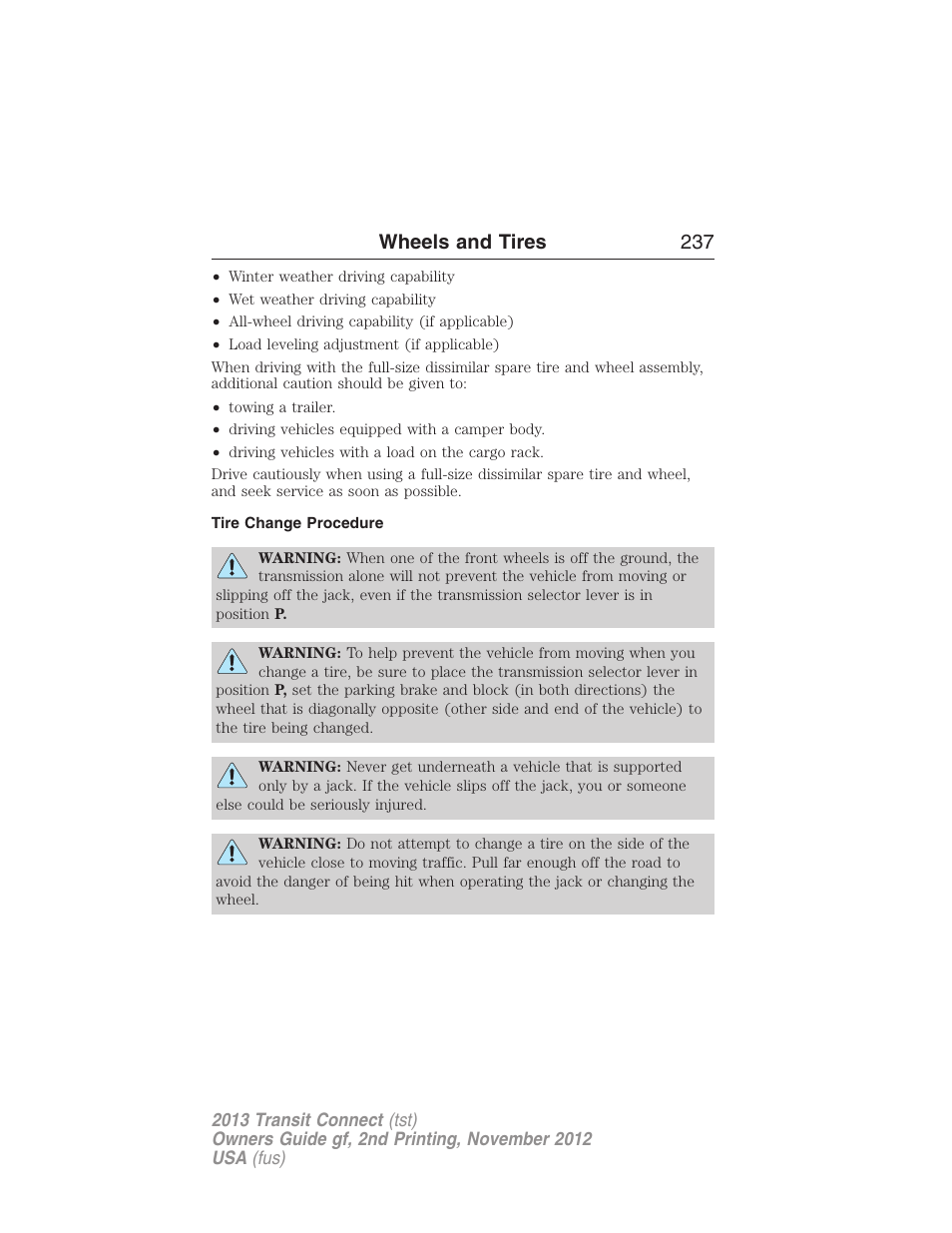 Tire change procedure, Wheels and tires 237 | FORD 2013 Transit Connect v.2 User Manual | Page 238 / 321