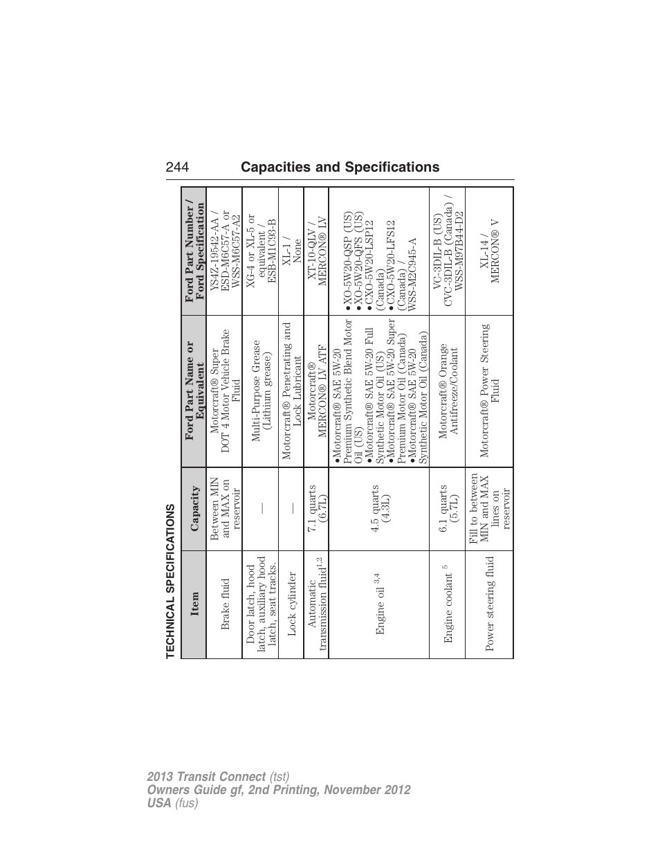 Technical specifications, 244 capacities and specifications | FORD 2013 Transit Connect v.2 User Manual | Page 245 / 321