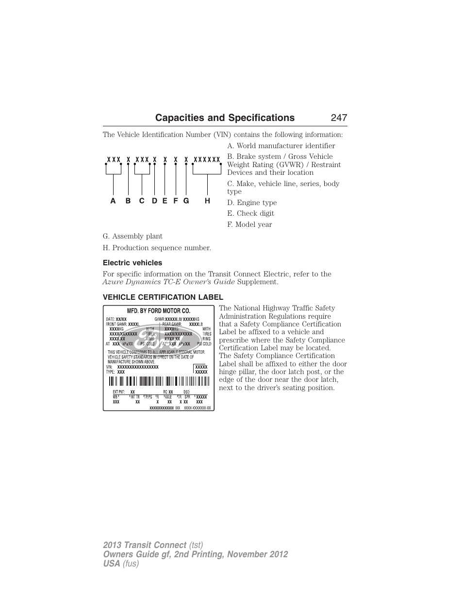 Electric vehicles, Vehicle certification label, Capacities and specifications 247 | FORD 2013 Transit Connect v.2 User Manual | Page 248 / 321
