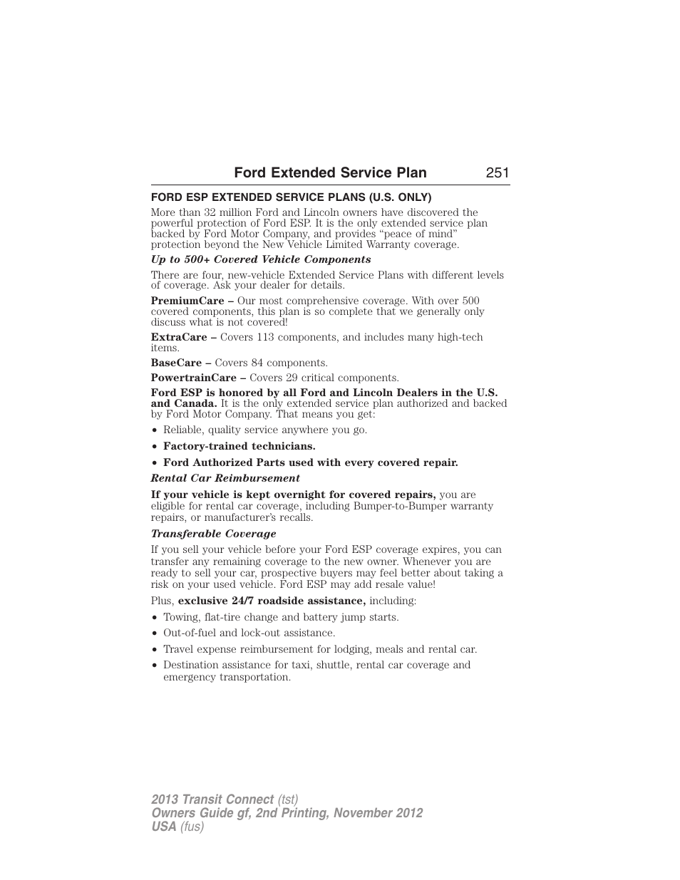 Ford extended service plan, Ford esp extended service plans (u.s. only), Ford extended service plan 251 | FORD 2013 Transit Connect v.2 User Manual | Page 252 / 321