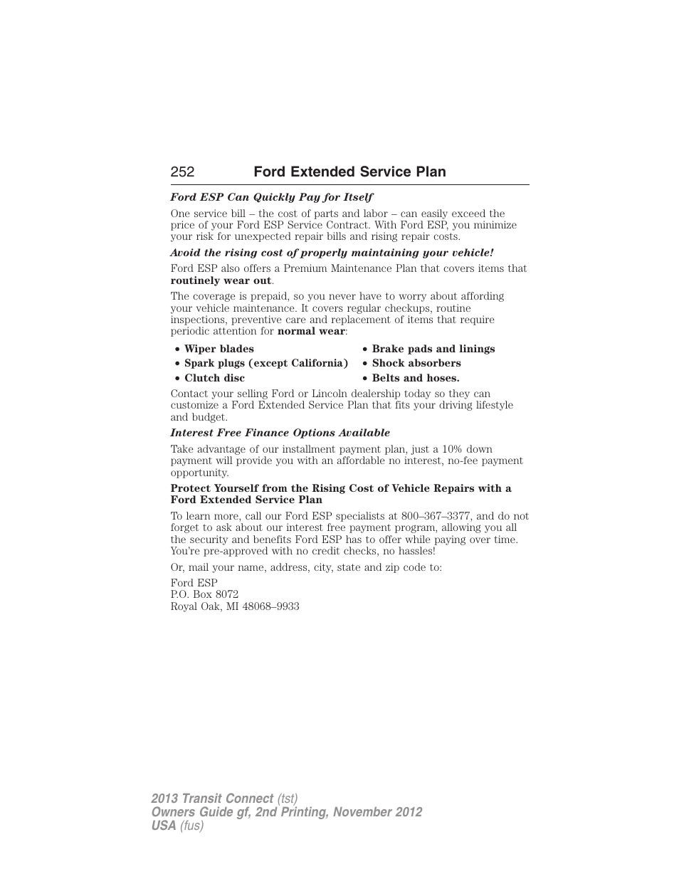 252 ford extended service plan | FORD 2013 Transit Connect v.2 User Manual | Page 253 / 321